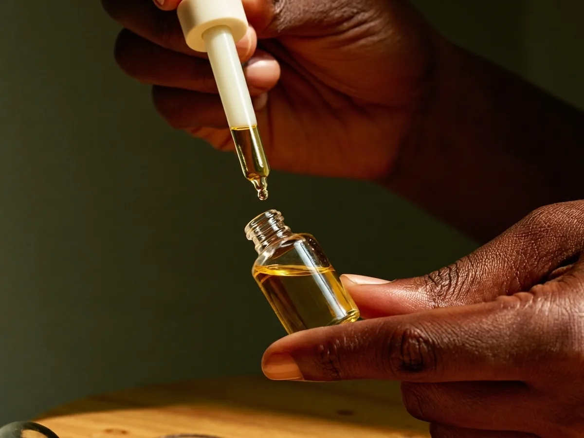 Hands releasing a single drop of golden oil from a pipette into an amber vial