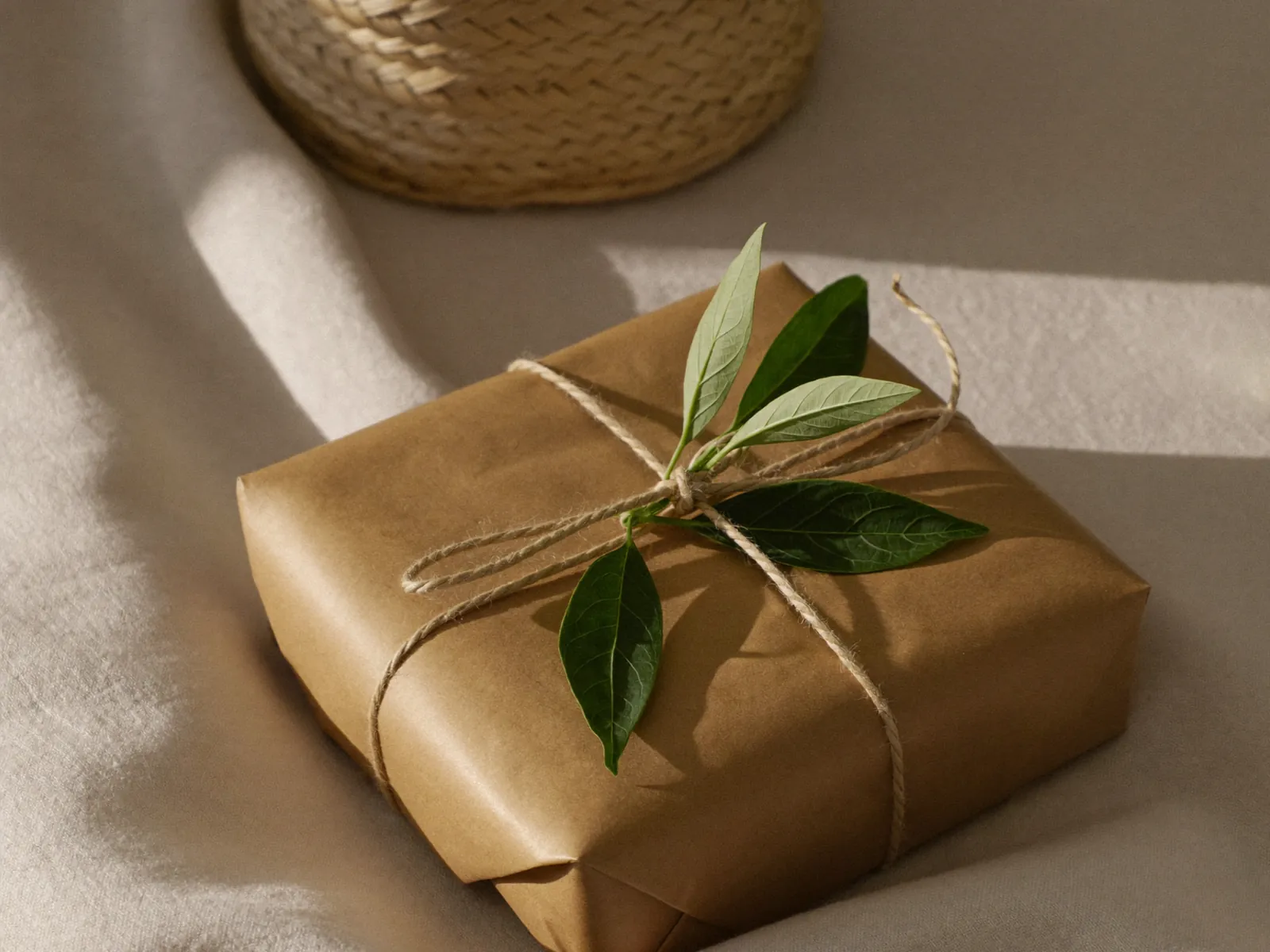 A small kraft-paper package tied with twine and a sprig of green leaves