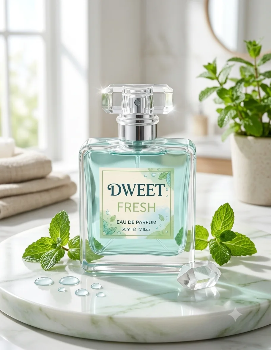 Dweet Fresh eau de parfum with fresh mint leaves on a marble tray